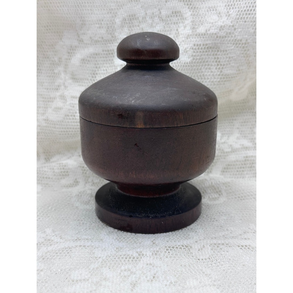 Vintage Dark Wood Pedestal Trinket Box with‎ Lid Hand Turned Round Keepsake Jar